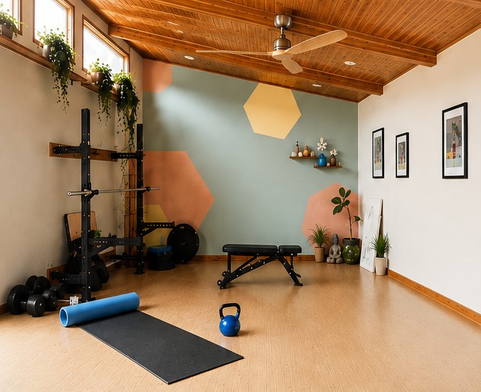 Training room with a wood ceiling, sage walls, terracotta hexagon paint, a squat rack, bench, and plants.