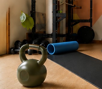 Olive kettlebell in front of a blue foam roller on a black mat.